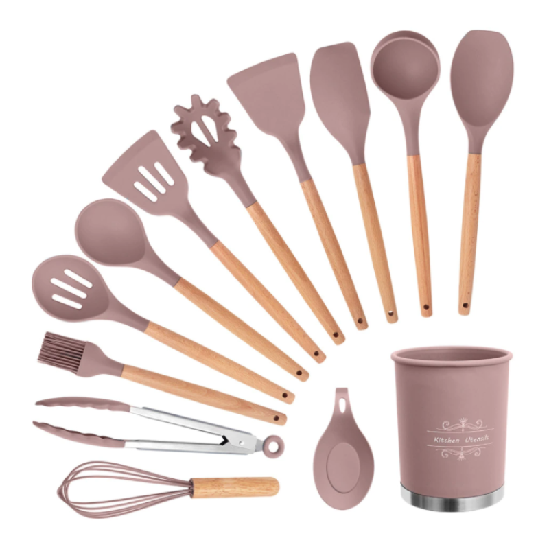 Set 13 Ustensile ROZ antiaderente de Bucatarie din silicon cu maner de Bambus calitate PREMIUM