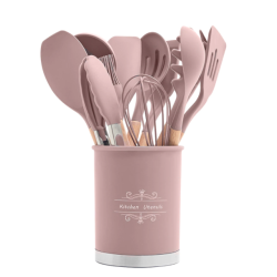 Set 13 Ustensile ROZ antiaderente de Bucatarie din silicon cu maner de Bambus calitate PREMIUM