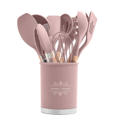 Set 13 Ustensile ROZ antiaderente de Bucatarie din silicon cu maner de Bambus calitate PREMIUM