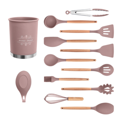 Set 13 Ustensile ROZ antiaderente de Bucatarie din silicon cu maner de Bambus calitate PREMIUM