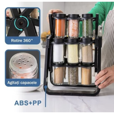 Set 18 recipiente condimente cu suport rotativ 34x23 cm