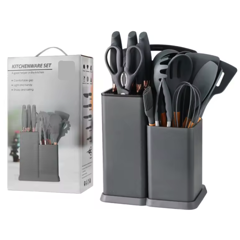 Set 19 piese ustensile de bucatarie din lemn si silicon cu suport