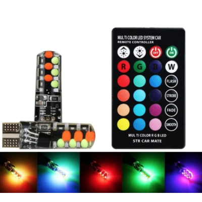 Set 2 Becuri LED RGB Auto Cu Telecomanda soclu T10  cu BILUTE/ 192 / w5w putere 2W