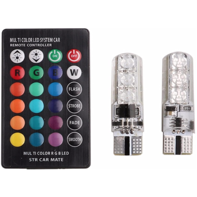 Set 2 becuri T10 LED auto RGB cu telecomanda putere 2W