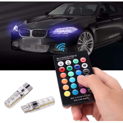 Set 2 becuri T10 LED auto RGB cu telecomanda putere 2W