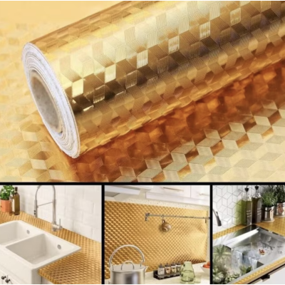 Set 2 Folii Aluminiu autoadezive pentru protectie mobila bucatarie AURIU 3D 60 x 300 cm