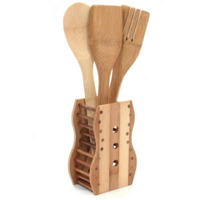 Set 3 ustensile bambus cu suport decor