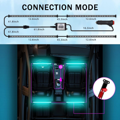Set 4 benzi 12 LED cu lumina ambientale pentru auto si telecomanda RGB