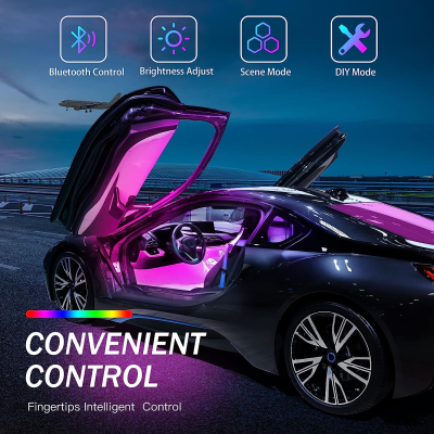 Set 4 benzi 12 LED cu lumina ambientale pentru auto si telecomanda RGB