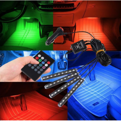 Set 4 benzi 18 LED cu lumina ambientale pentru auto si telecomanda RGB