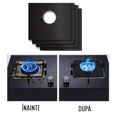 Set 4 Folii TEFLON NEGRU Detasabile pentru Aragaz din Teflon  Lavabila  Reutilizabila  Negru