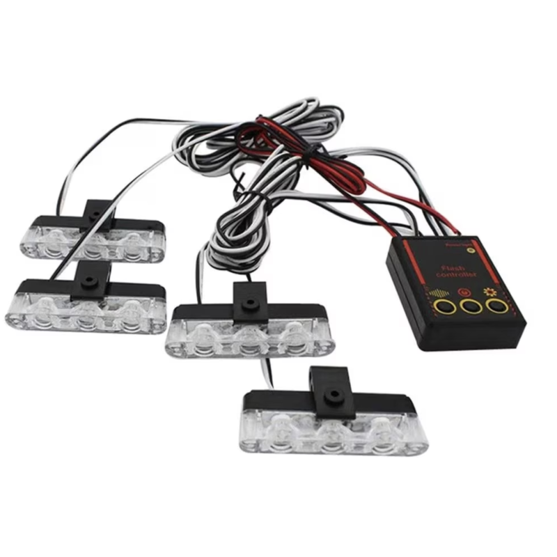 Set 4 lumini LED de avertizare rosu albastru pentru grila functii stroboscop 36W 12V