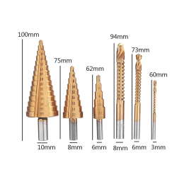 Set 6 de burghie cu pas HSS titan 3 marimi de burghie in trepte si 3 marimi de burghie cu rasucire