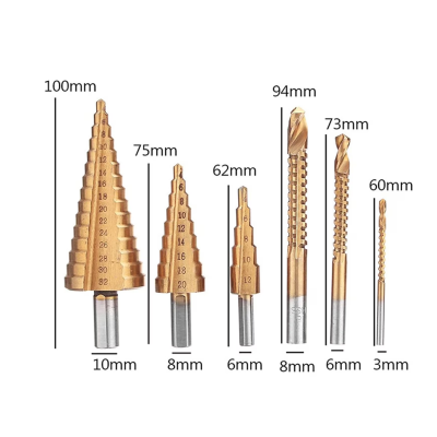 Set 6 de burghie cu pas HSS titan 3 marimi de burghie in trepte si 3 marimi de burghie cu rasucire
