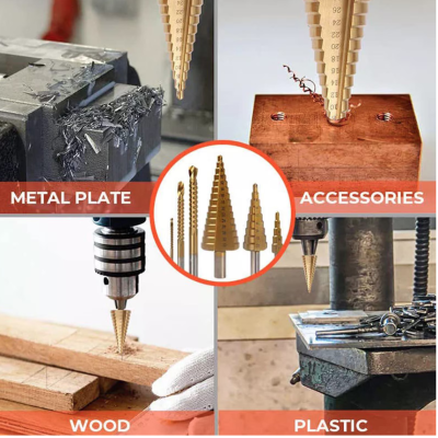 Set 6 de burghie cu pas HSS titan 3 marimi de burghie in trepte si 3 marimi de burghie cu rasucire