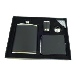 Set cadou format din 4 piese plosca palnie pahar tip shot si tabachera NEGRU SIMPLU