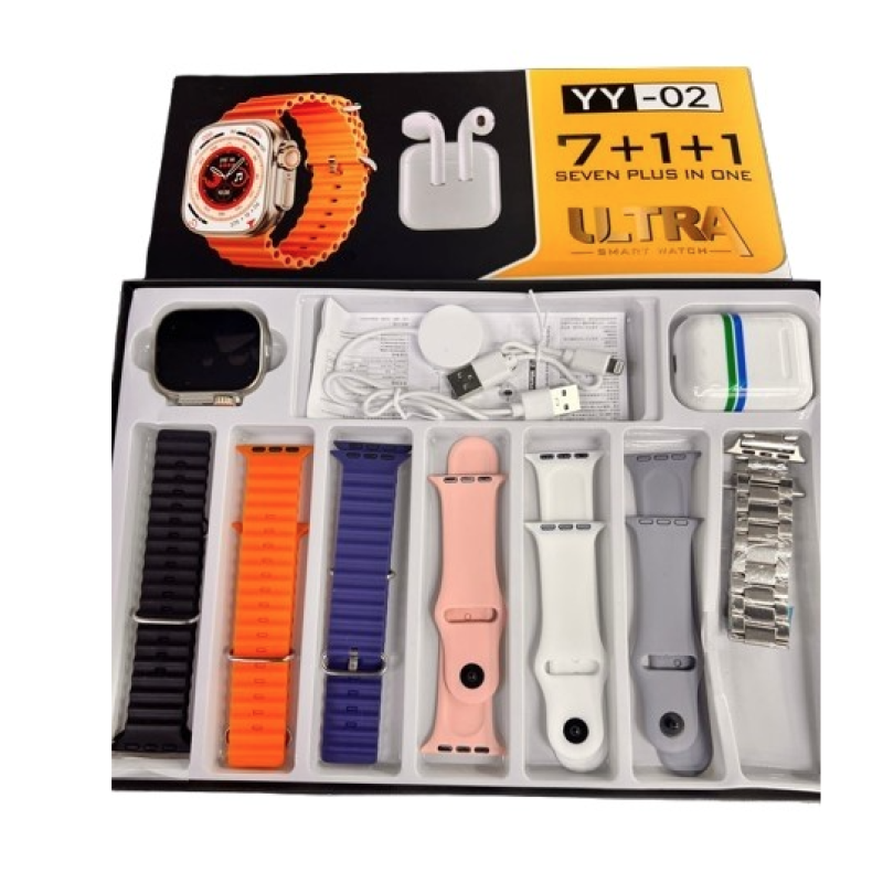 Set Cadou Smartwatch YY02 cu 7 Bratari incarcator Wireless si Casti Bluetooth