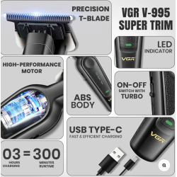 Set cu aparat de tuns fara fir VGR V 995 cu 4 distantiere autonomie 300min 2000mAh