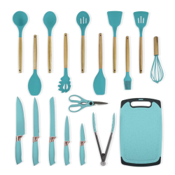 Set de 19 piese VERDE TURCOAZ ustensile de bucatarie cu tocator si suport depozitare inclus VERDE-TURCOAZ