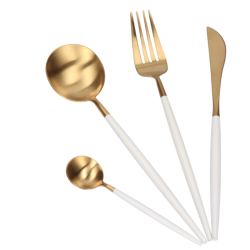 Set de 4 piese tacamuri in stil portughez- culoare alb mat si auriu 