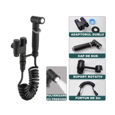 Set de Dus din otel inoxidabil pentru intretinerea corpurilor sanitare presiune reglabila economic la apa si spatiu Negru