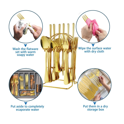 Set de tacamuri din otel inoxidabil cu suport agatat aurii 24 piese