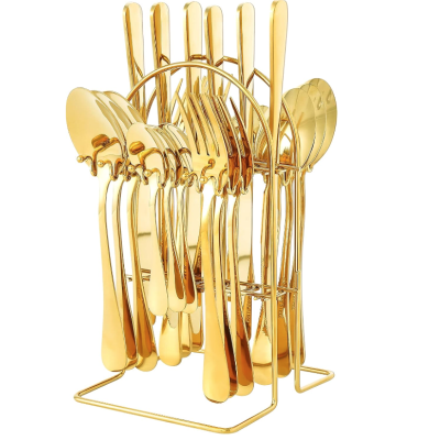 Set de tacamuri din otel inoxidabil cu suport agatat aurii 24 piese