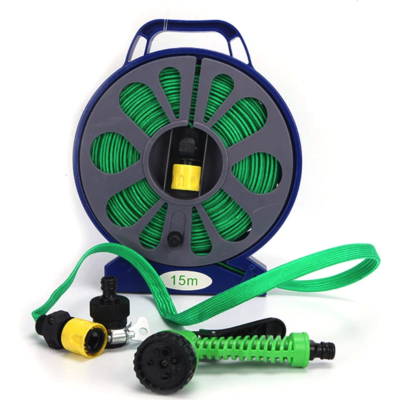 Set pentru stropit furtun textil flexibil 15m cu tambur pistol de pulverizat 7 in 1