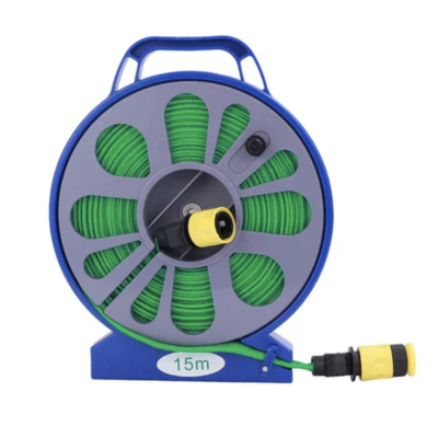 Set pentru stropit furtun textil flexibil 15m cu tambur pistol de pulverizat 7 in 1