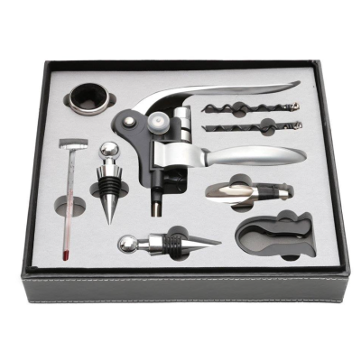 Set premium accesorii profesionale pentru vin in cutie de lemn 9 elemente kitul somelierului