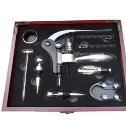 Set premium accesorii profesionale pentru vin in cutie de lemn 9 elemente kitul somelierului