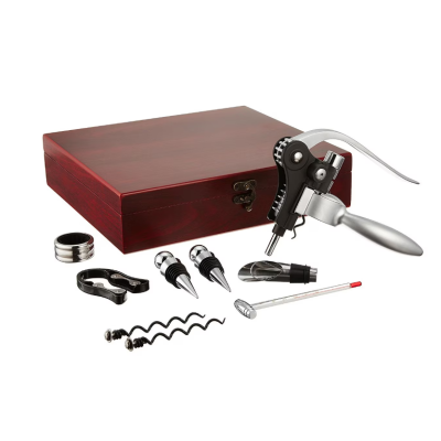 Set premium accesorii profesionale pentru vin in cutie de lemn 9 elemente kitul somelierului