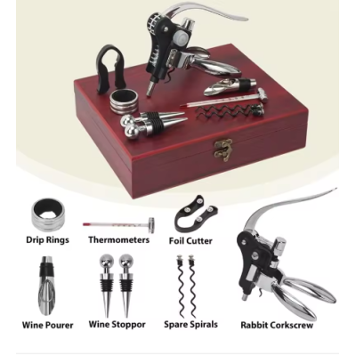 Set premium accesorii profesionale pentru vin in cutie de lemn 9 elemente kitul somelierului