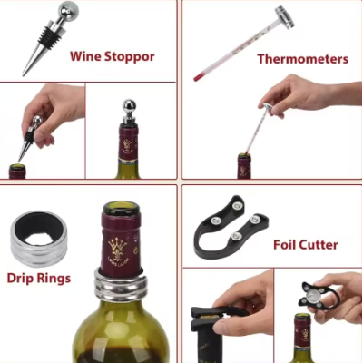 Set premium accesorii profesionale pentru vin in cutie de lemn 9 elemente kitul somelierului