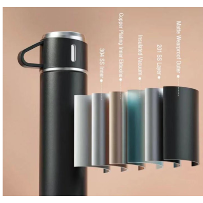 Set termos din inox cu 3 cesti 500ml sticla termoizolanta pentru bauturi fierbinti si reci ALBASTRU