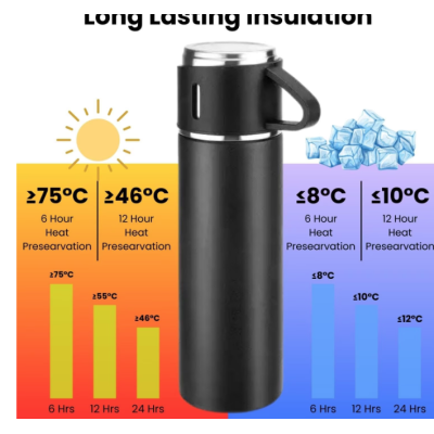 Set termos din inox cu 3 cesti 500ml sticla termoizolanta pentru bauturi fierbinti si reci ALBASTRU