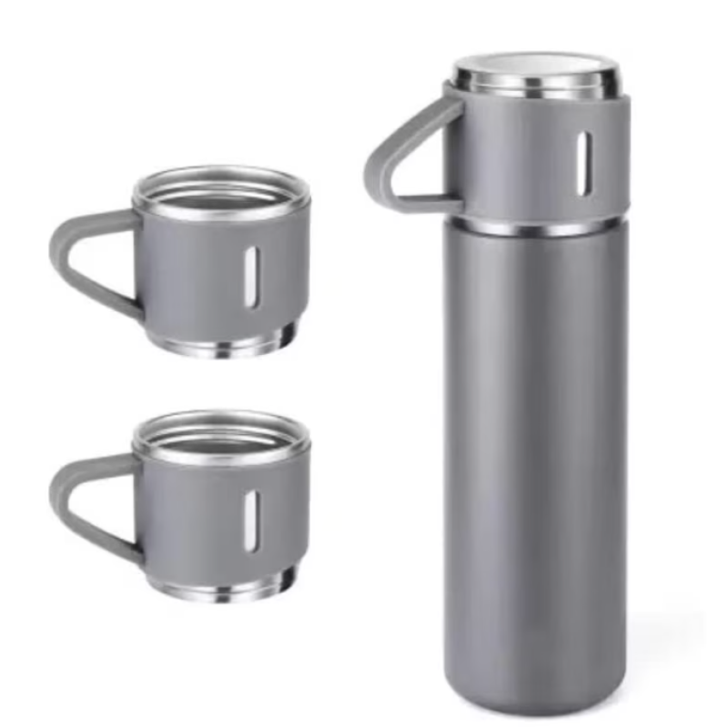 Set termos din inox cu 3 cesti 500ml sticla termoizolanta pentru bauturi fierbinti si reci GRI