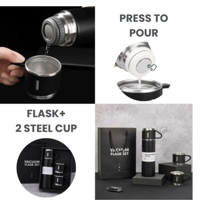 Set termos din inox cu 3 cesti 500ml sticla termoizolanta pentru bauturi fierbinti si reci GRI