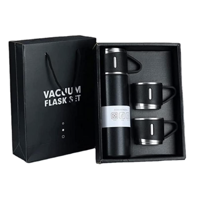 Set termos din inox cu 3 cesti 500ml sticla termoizolanta pentru bauturi fierbinti si reci NEGRU
