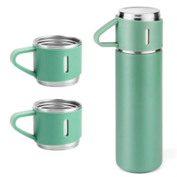UB Set termos din inox cu 3 cesti 500ml sticla termoizolanta pentru bauturi fierbinti si reci VERDE