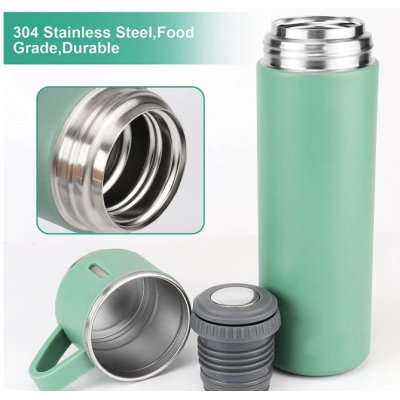 Set termos din inox cu 3 cesti 500ml sticla termoizolanta pentru bauturi fierbinti si reci VERDE