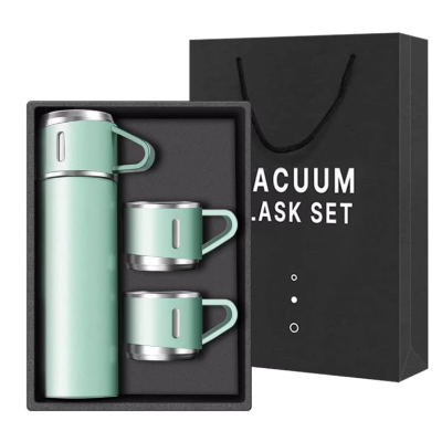 Set termos din inox cu 3 cesti 500ml sticla termoizolanta pentru bauturi fierbinti si reci VERDE