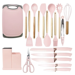 UB Set ustensile ROZ bucatarie 19 piese silicon alimentar cutite tocator termorezistente antiaderente suport blat ROZ