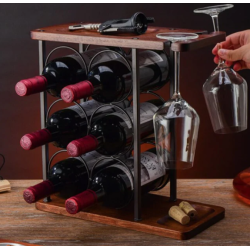 Suport din lemn organizator pentru 6 sticle de vin si 2 pahare