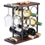 Suport pentru 6 sticle vin si 2 pahare din otel si lemn