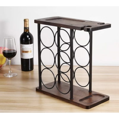 Suport pentru 6 sticle vin si 2 pahare din otel si lemn