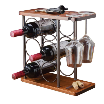 Suport pentru 6 sticle vin si 2 pahare din otel si lemn