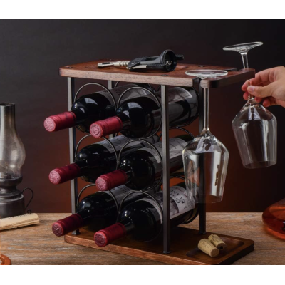 Suport pentru 6 sticle vin si 2 pahare din otel si lemn