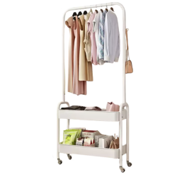 Suport portabil din otel carbon pentru umerase si haine 2 rafturi 2 carlige 4 rotile