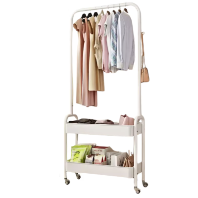 Suport portabil din otel carbon pentru umerase si haine 2 rafturi 2 carlige 4 rotile